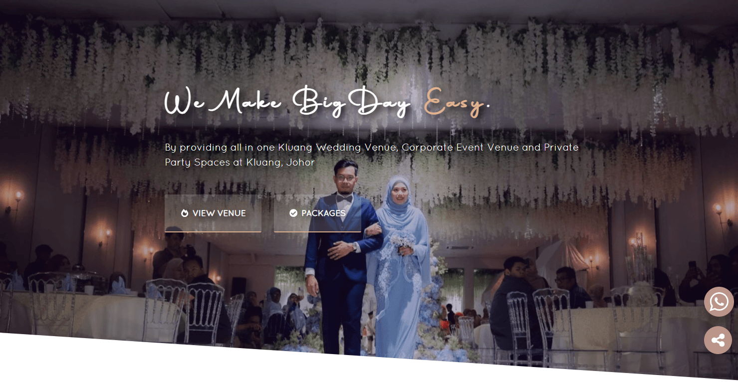Homepage hero section positioning BigDay Banquet as an all-in-one Kluang wedding and event venue with direct pathways to venues and packages.
