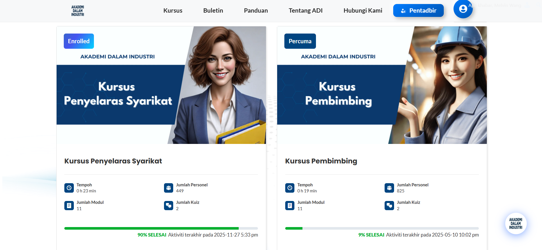 Available eLearning ADI Courses Interface