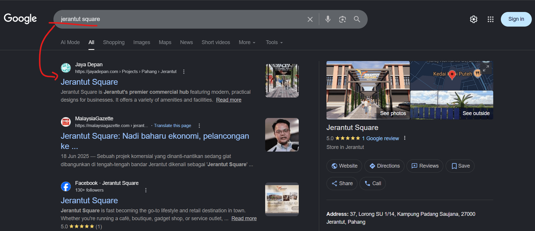 Search evidence showing Jerantut Square ranking prominently with project information visible directly on Google.