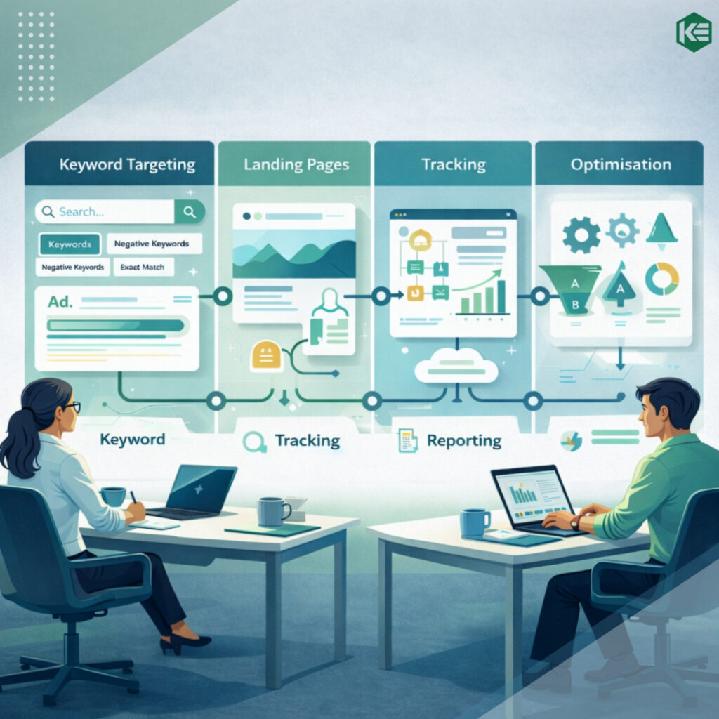 key parts of a strong SEM service including targeting, landing pages, tracking, reporting, and optimisation