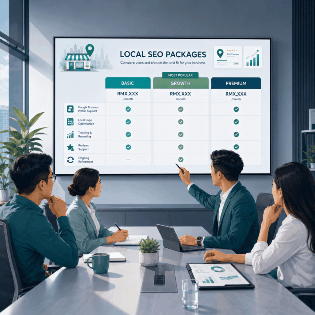 Local SEO Cost in Malaysia: Packages, Pricing and What Businesses Should Know 3 Illustration of a business comparing local SEO packages before choosing a service provider