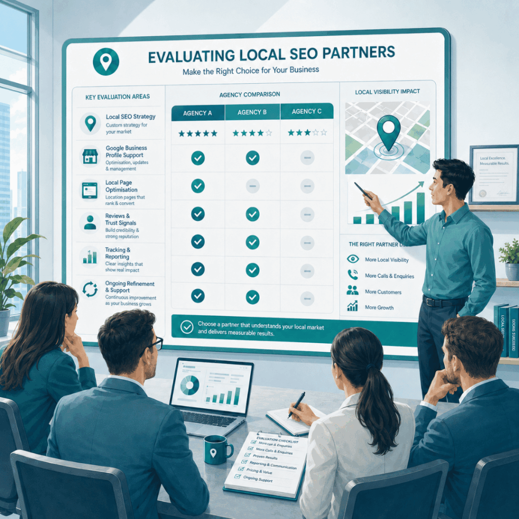 Local SEO Services Malaysia: What Businesses Should Expect Before Hiring an Agency 3 Illustration of a business evaluating local SEO services before hiring an agency