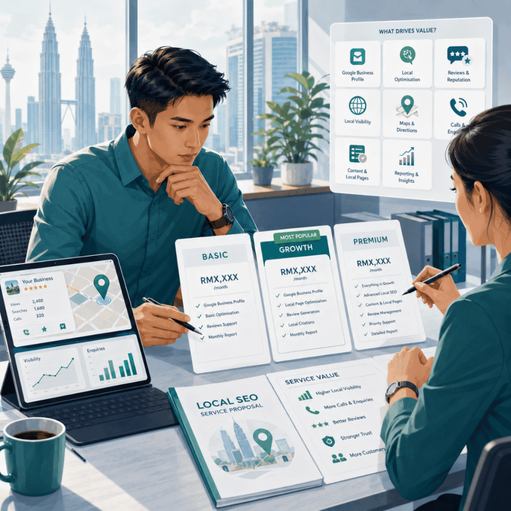Local SEO Cost in Malaysia: Packages, Pricing and What Businesses Should Know 1 Illustration of local SEO cost in Malaysia and how businesses compare pricing and service value