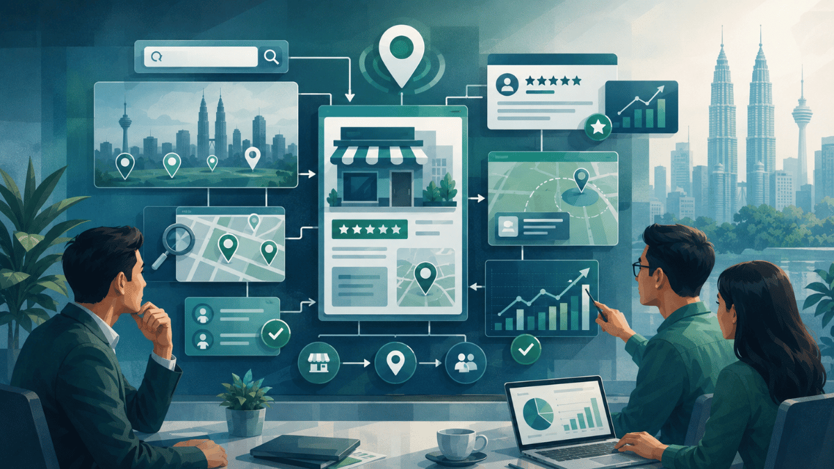 Illustration of local SEO services helping businesses improve local search visibility and map presence in Malaysia