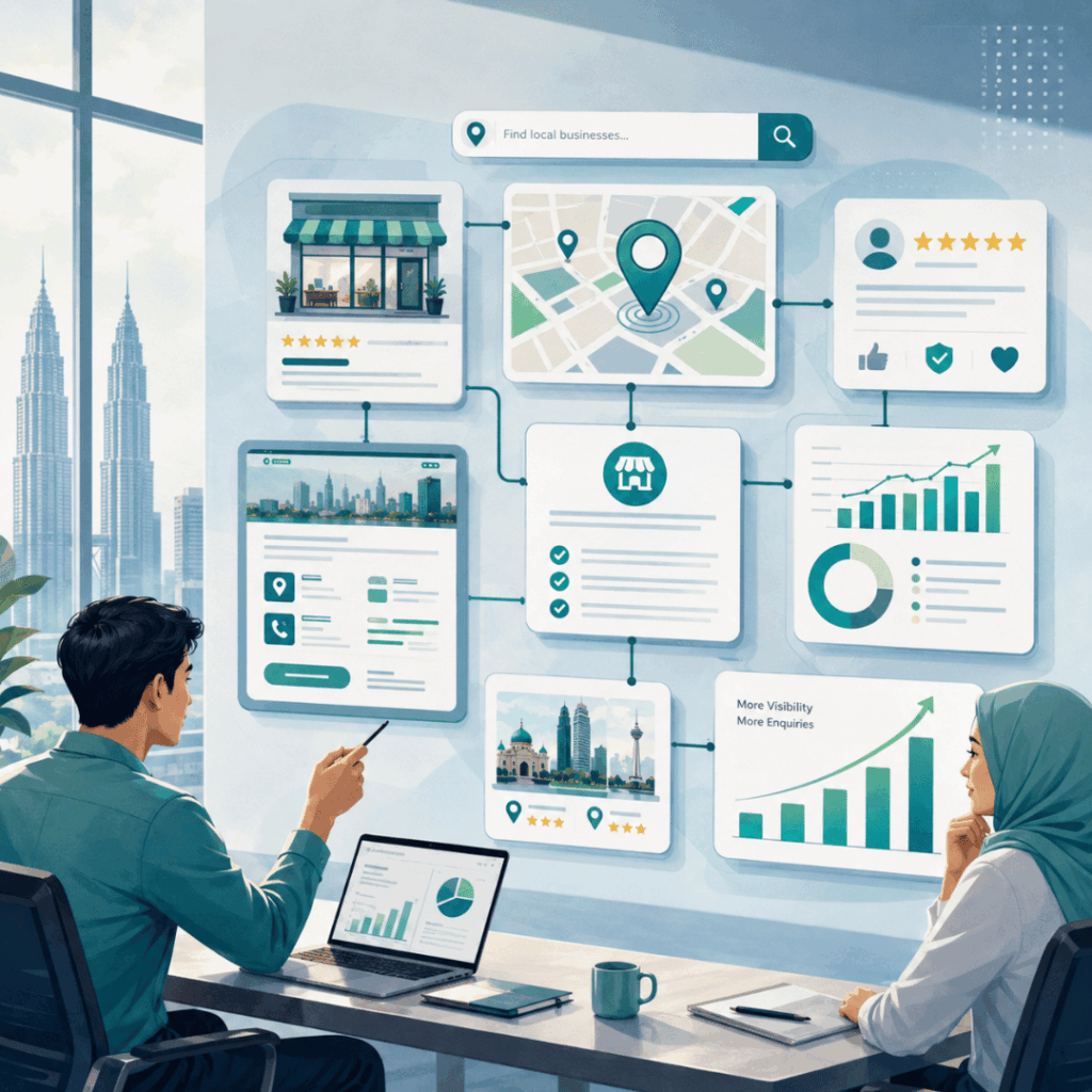 Local SEO Services Malaysia: What Businesses Should Expect Before Hiring an Agency 1 Illustration of local SEO services helping businesses improve local search visibility in Malaysia
