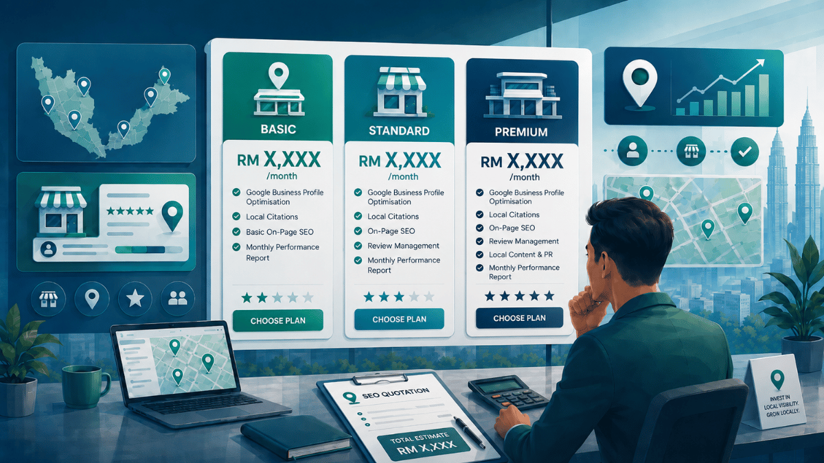 Local SEO cost in Malaysia illustration showing package pricing comparison and service options for businesses