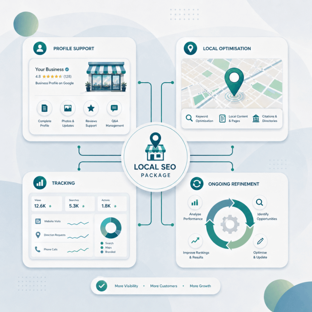 Local SEO Cost in Malaysia: Packages, Pricing and What Businesses Should Know 2 Local SEO package illustration with profile support, local optimisation, tracking, and ongoing refinement