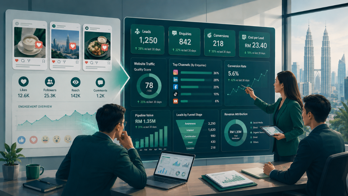 illustration-showing-a-business-team-reviewing-performance-metrics-beyond-reach-and-likes-for-social-media-marketing-malaysia